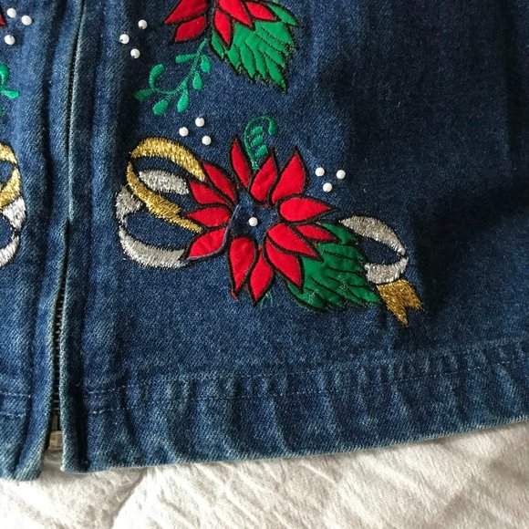 VTG 90’s Holiday Christmas Poinsettia Jean Vest - Picture 8 of 8